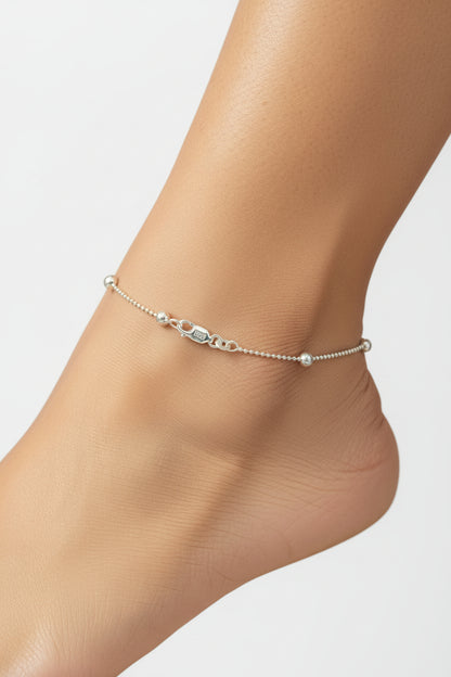 92.5 Silver Italian Ball Anklet 10.5 Inches | Stylish Beaded Chain Design | Elegant Fashion Jewellery