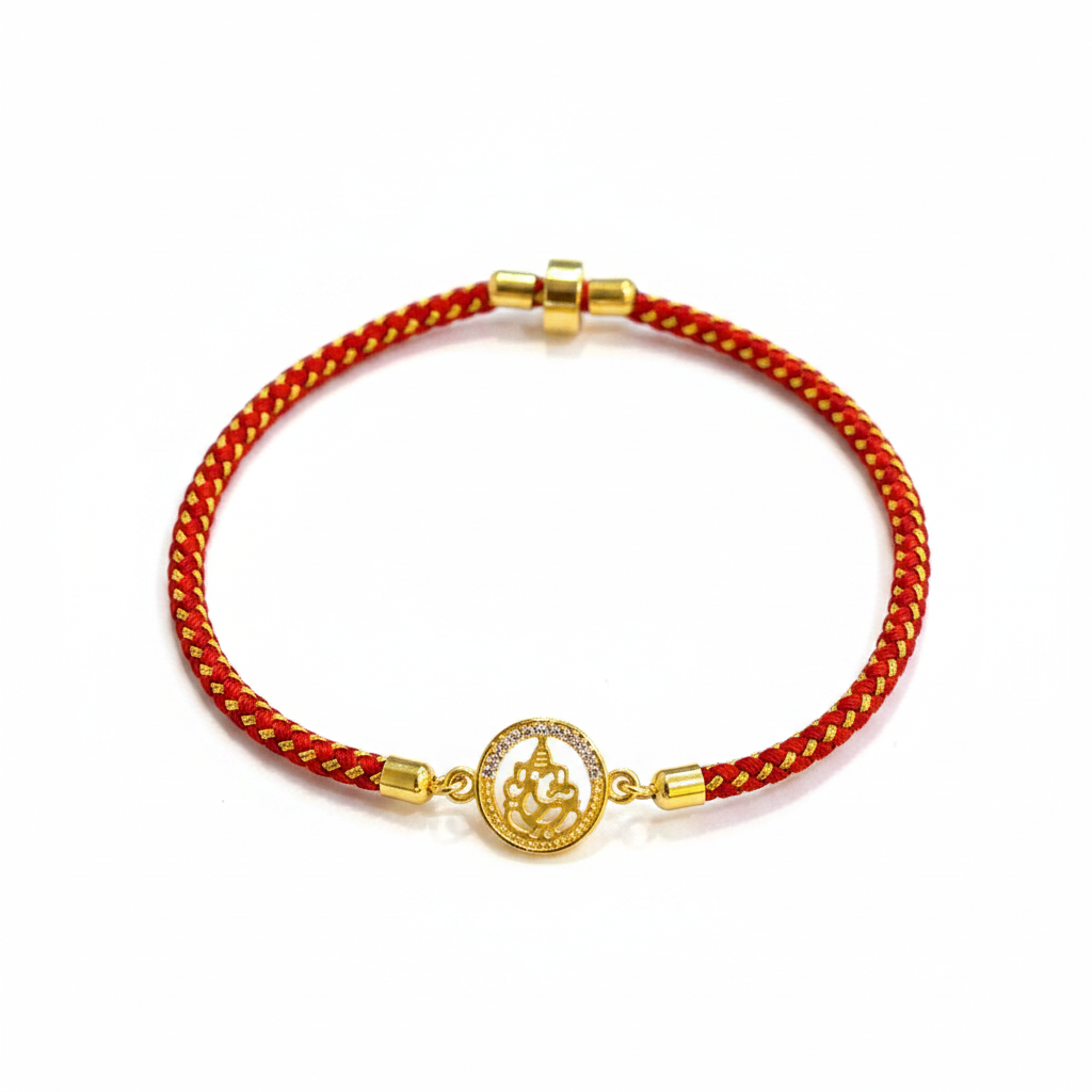 Silver Ganesha Rakhi for Brother | Gold Plated CZ Circular Charm with Red Thread