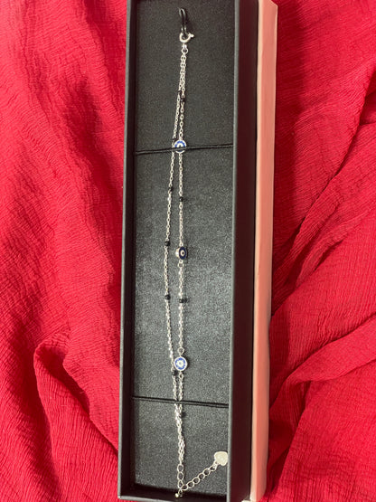92.5 Silver Double Chain Evil Eye Bracelet 8 Inches | Premium Protective Design | Jewellery