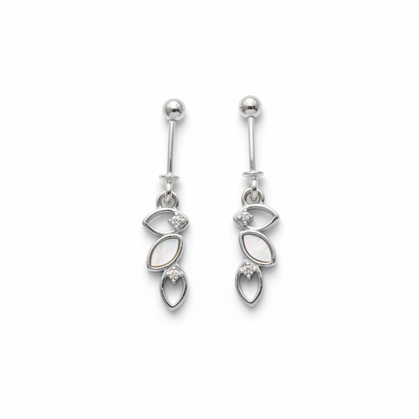 92.5 Sterling Silver Triple Marquise Leaf Bugadi for Women | Mother-of-Pearl & CZ Botanical Stack | Helix Earring pair