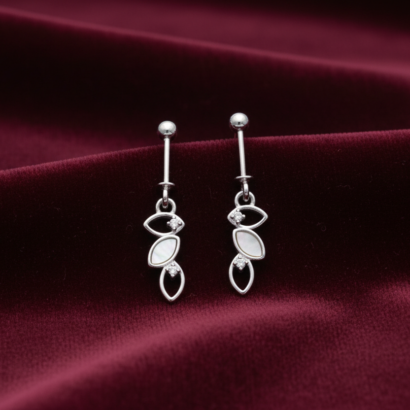 92.5 Sterling Silver Triple Marquise Leaf Bugadi for Women | Mother-of-Pearl & CZ Botanical Stack | Helix Earring pair