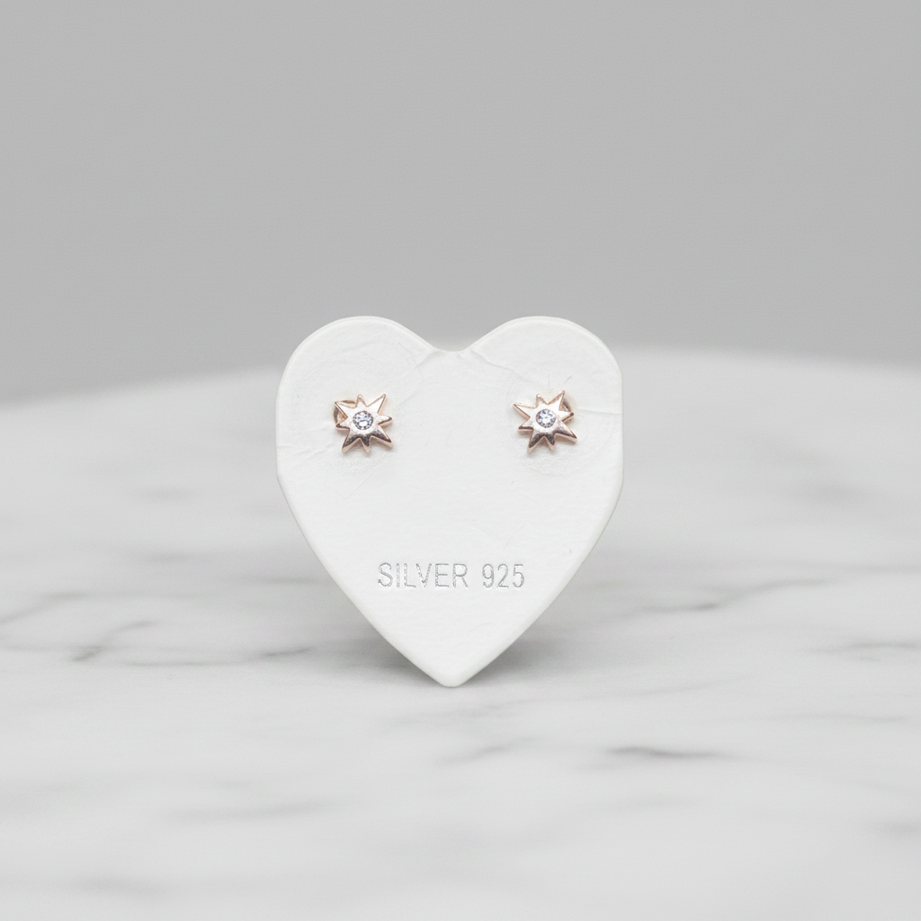 Rose Gold Plated 92.5 Sterling Silver Eight-Point North Star CZ Stud Earrings for Women | Petite Open Star CZ Centre | Second Piercing Earring Pair