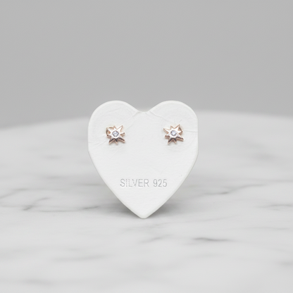 Rose Gold Plated 92.5 Sterling Silver Eight-Point North Star CZ Stud Earrings for Women | Petite Open Star CZ Centre | Second Piercing Earring Pair