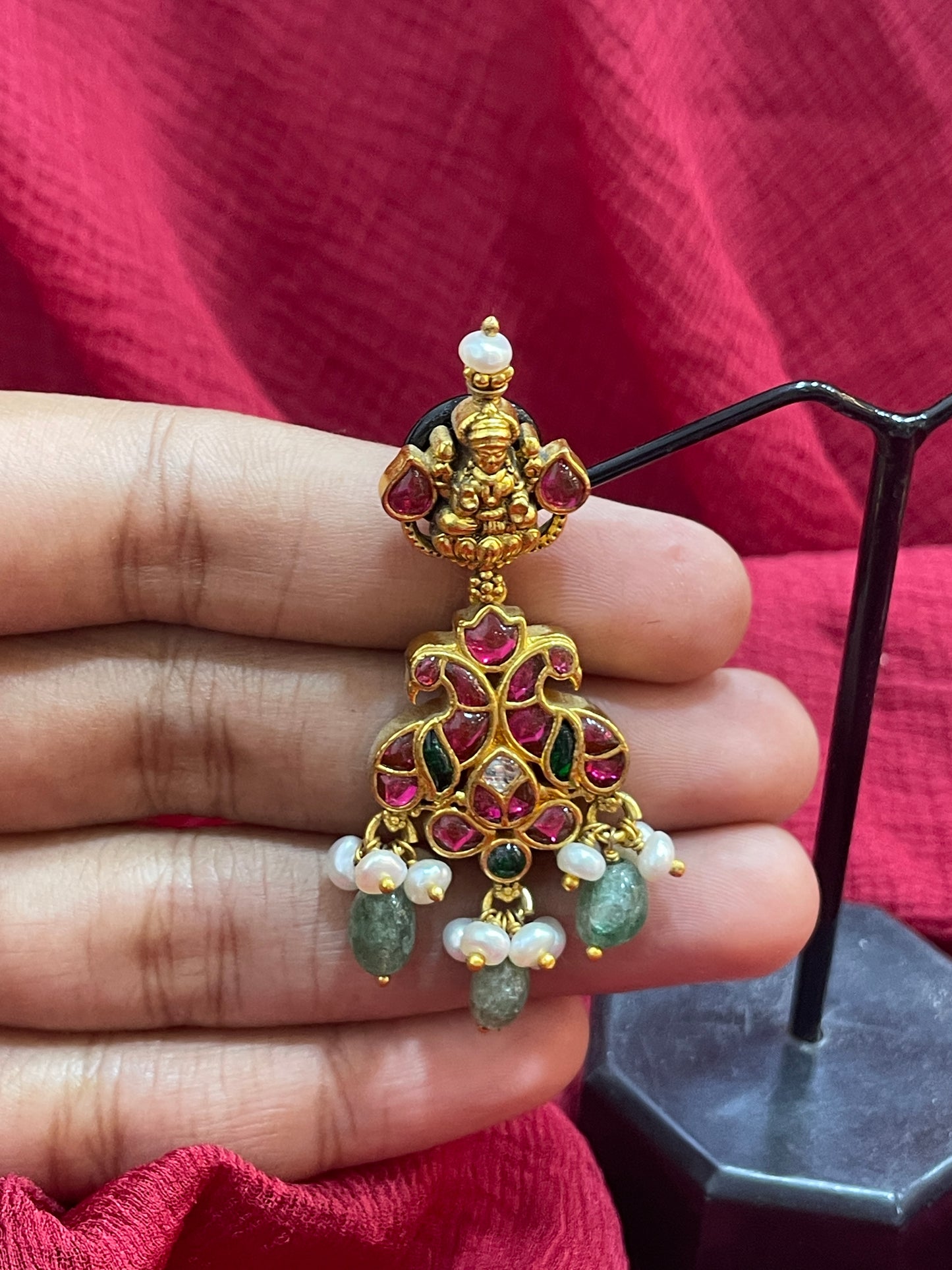 92.5 Silver Gold Plated Pink Stone Lakshmi Devi Jhumka Earrings for Women | Temple Design | Traditional Jewellery