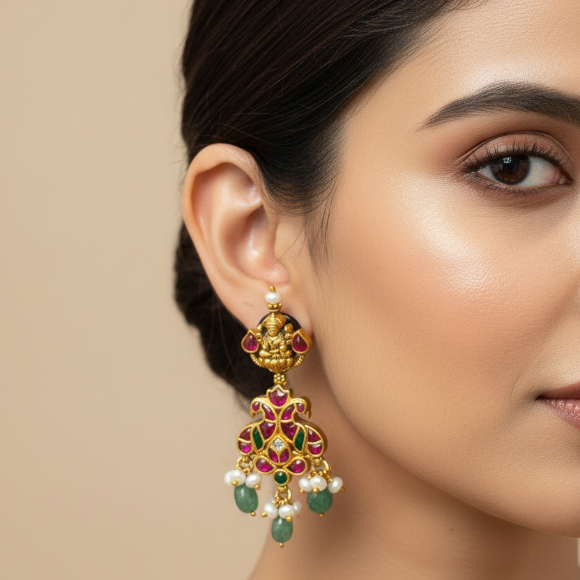 92.5 Silver Gold Plated Pink Stone Lakshmi Devi Jhumka Earrings for Women | Temple Design | Traditional Jewellery