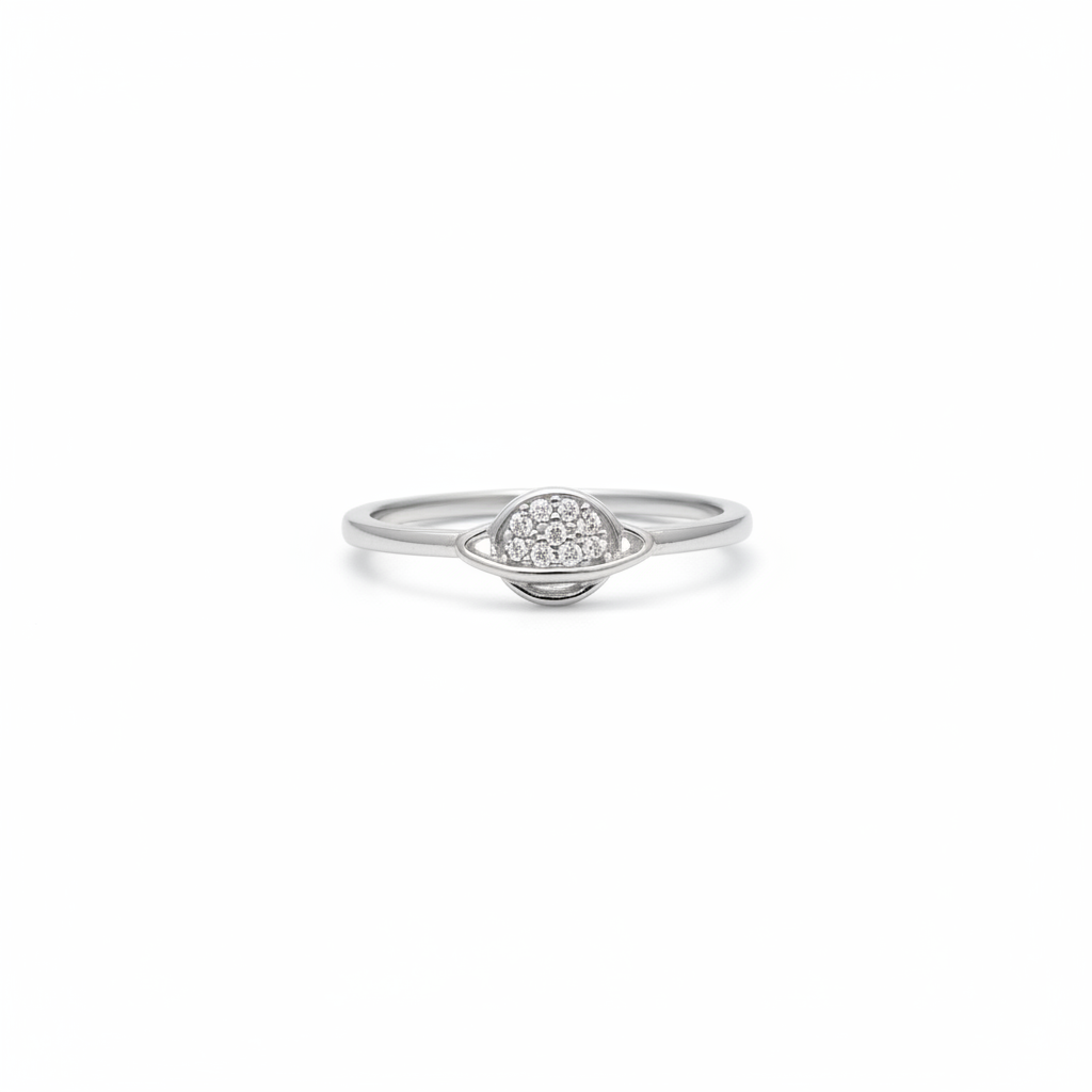 92.5 Sterling Silver Pave CZ Saturn Planet Finger Ring for Women