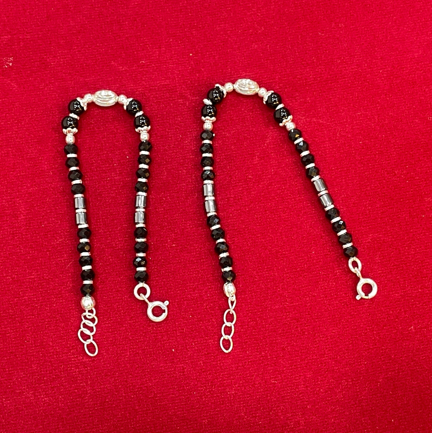 Silver Nazariya Black Bead Anklet for Kids | Set of 2 with CZ Oval Charm