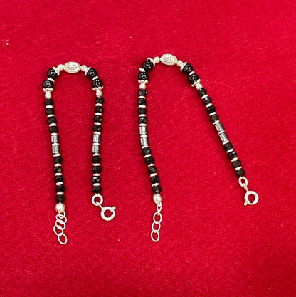 Silver Nazariya Black Bead Anklet for Kids | Set of 2 with CZ Oval Charm