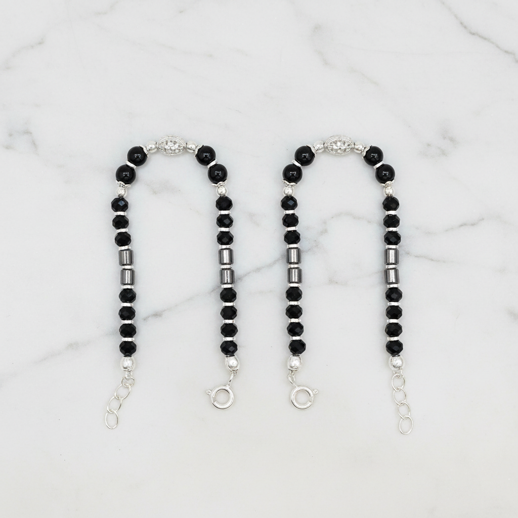 Silver Nazariya Black Bead Anklet for Kids | Set of 2 with CZ Oval Charm