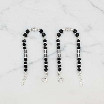 Silver Nazariya Black Bead Anklet for Kids | Set of 2 with CZ Oval Charm