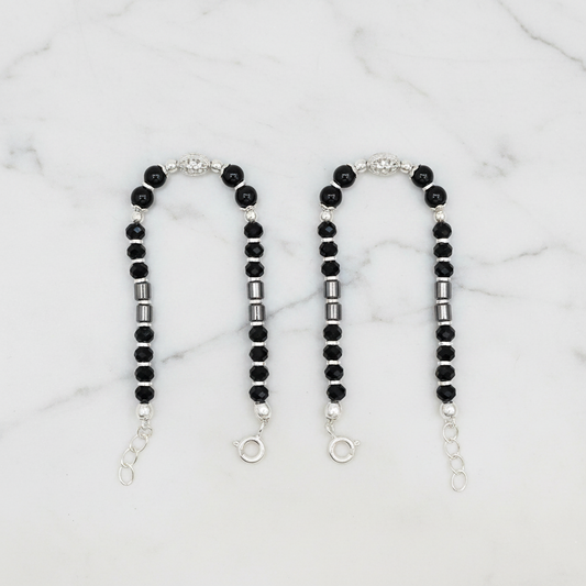 Silver Nazariya Black Bead Anklet for Kids | Set of 2 with CZ Oval Charm