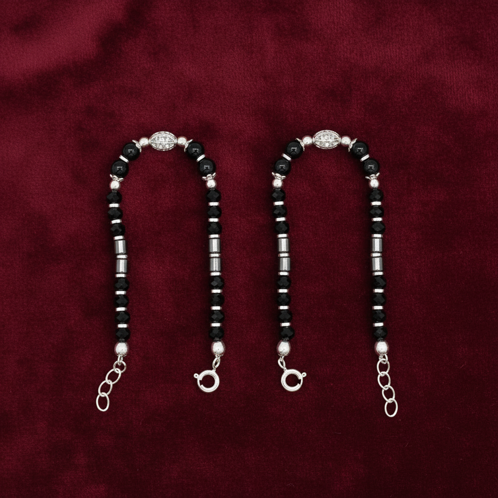 Silver Nazariya Black Bead Anklet for Kids | Set of 2 with CZ Oval Charm