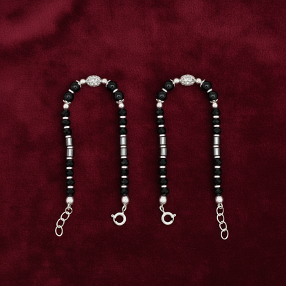 Silver Nazariya Black Bead Anklet for Kids | Set of 2 with CZ Oval Charm