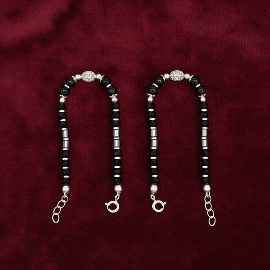 Silver Nazariya Black Bead Anklet for Kids | Set of 2 with CZ Oval Charm