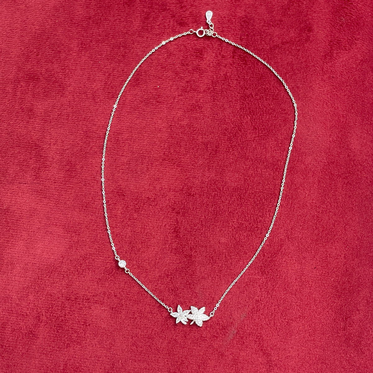 92.5 Silver Pave CZ & Plain Silver Dual Flower Cluster Pendant Necklace for Women