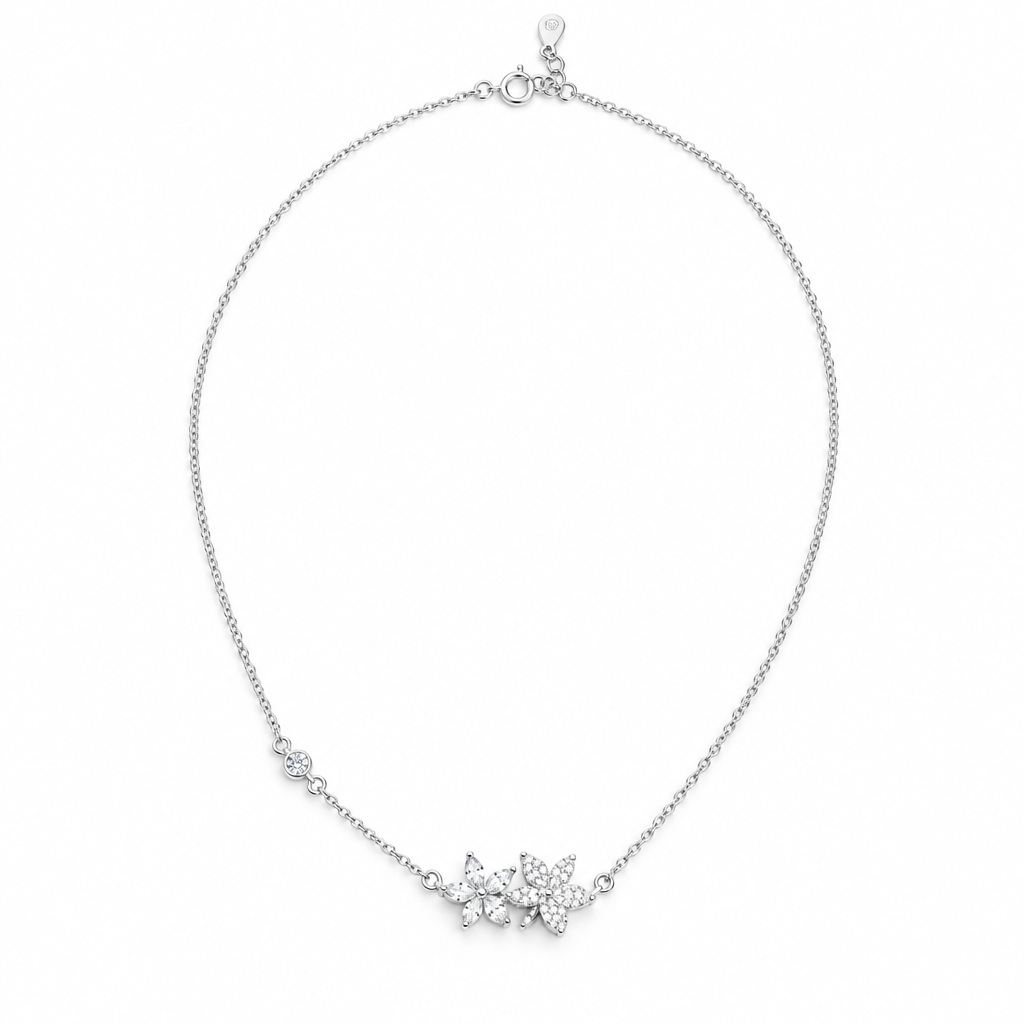 92.5 Silver Pave CZ & Plain Silver Dual Flower Cluster Pendant Necklace for Women