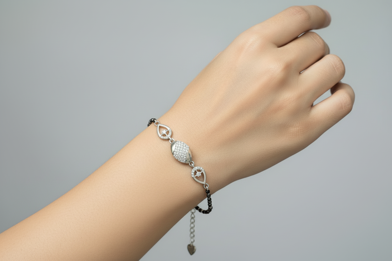 92.5 Silver Black Beads Bracelet for Women 8 Inches | Stylish Elegant Design | Daily Wear Jewellery