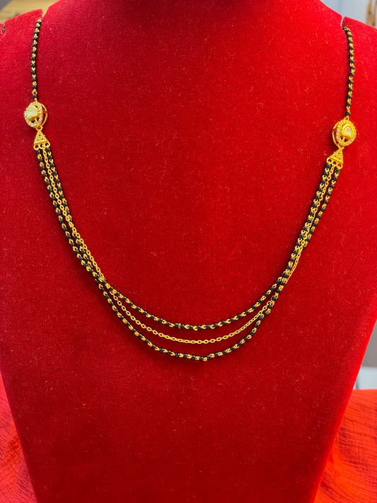 92.5 Silver Gold Plated Three Line Black Bead Chain for Women 19 Inches | Mangalsutra Style Jewellery