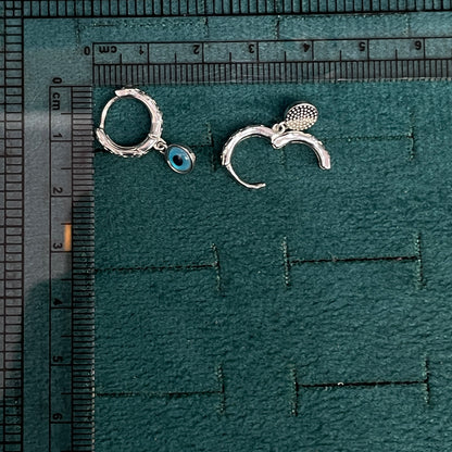 92.5 Sterling Silver Bali Earrings for Women | Diamond Engraved Hoop with Evil Eye Charm Drop pair
