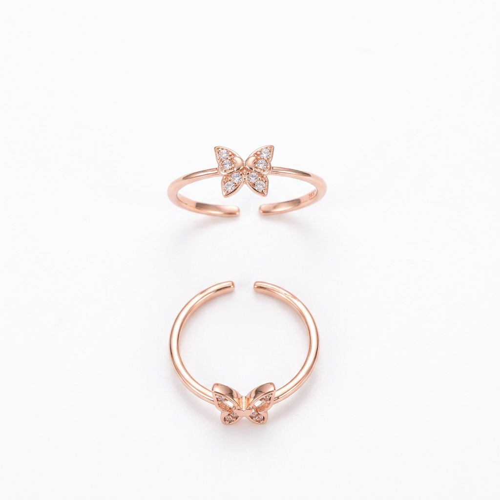 92.5 Silver Rose Gold Plated White CZ Butterfly Toe Rings