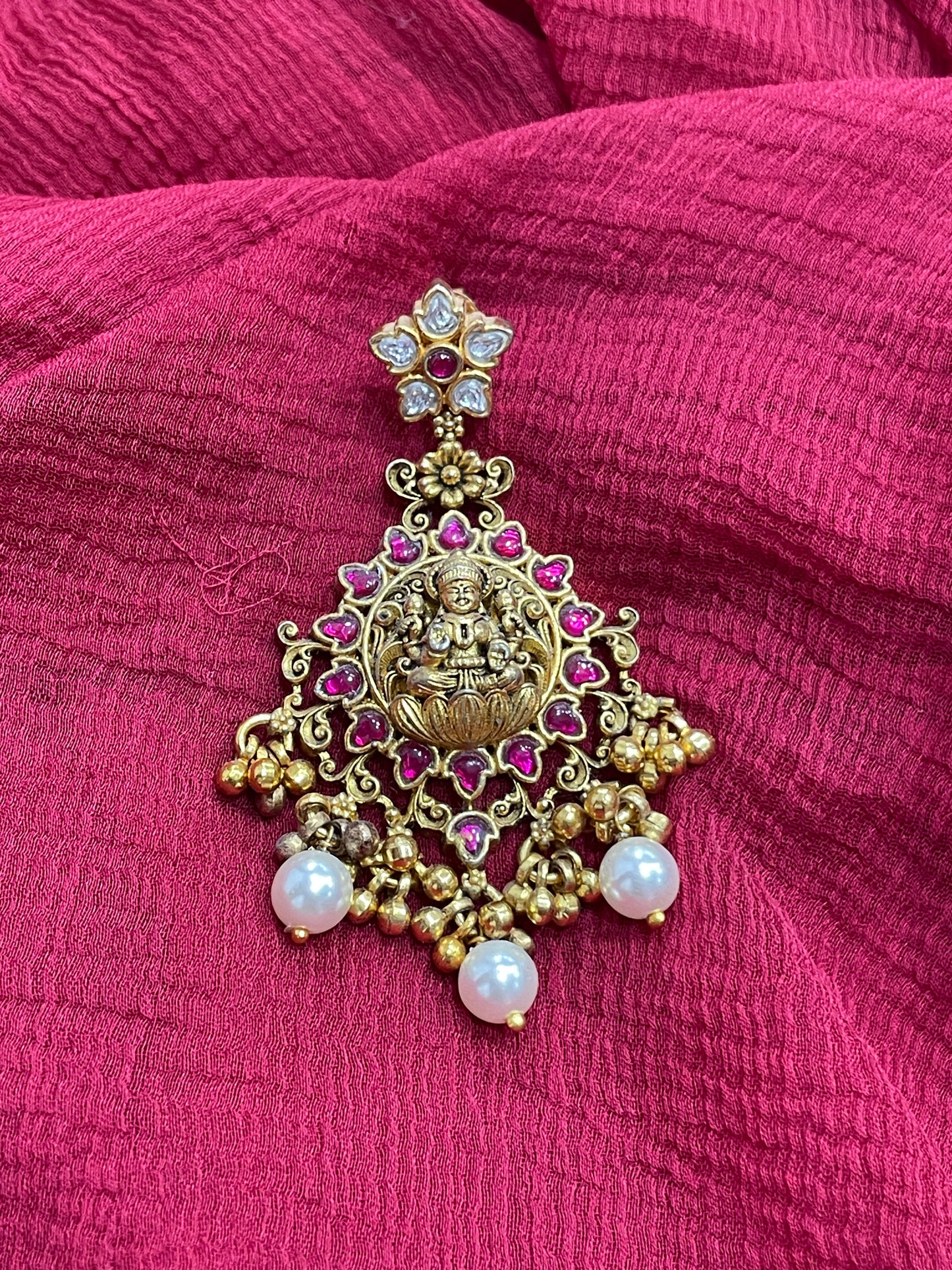 92.5 Silver Gold Plated Pink Stone Lakshmi Devi Earrings for Women | Temple Design | Traditional Jewellery