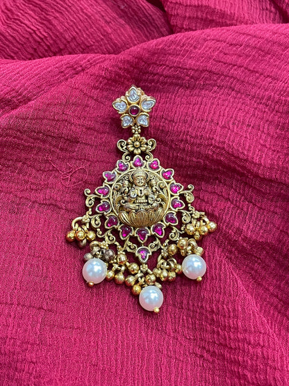 92.5 Silver Gold Plated Pink Stone Lakshmi Devi Earrings for Women | Temple Design | Traditional Jewellery