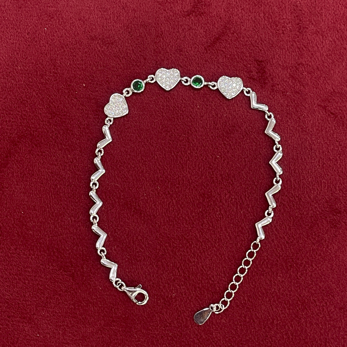 92.5 Silver Green Stone Heart Bracelet for Women