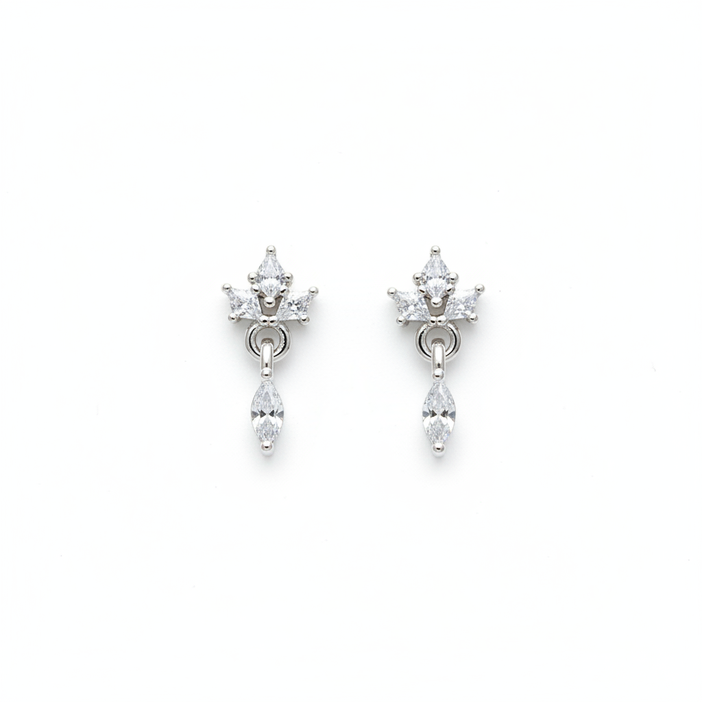 92.5 Sterling Silver Triple Marquise White CZ Crown Top with Marquise White CZ Drop Earrings for Women
