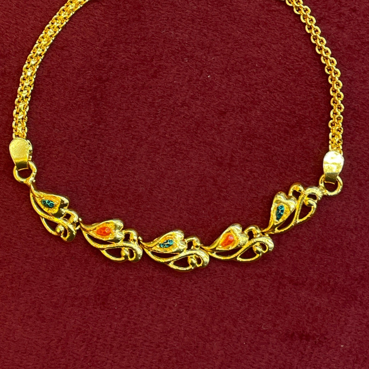 92.5 Silver Gold Plated Enamel Leaf Motif Bracelet for Women