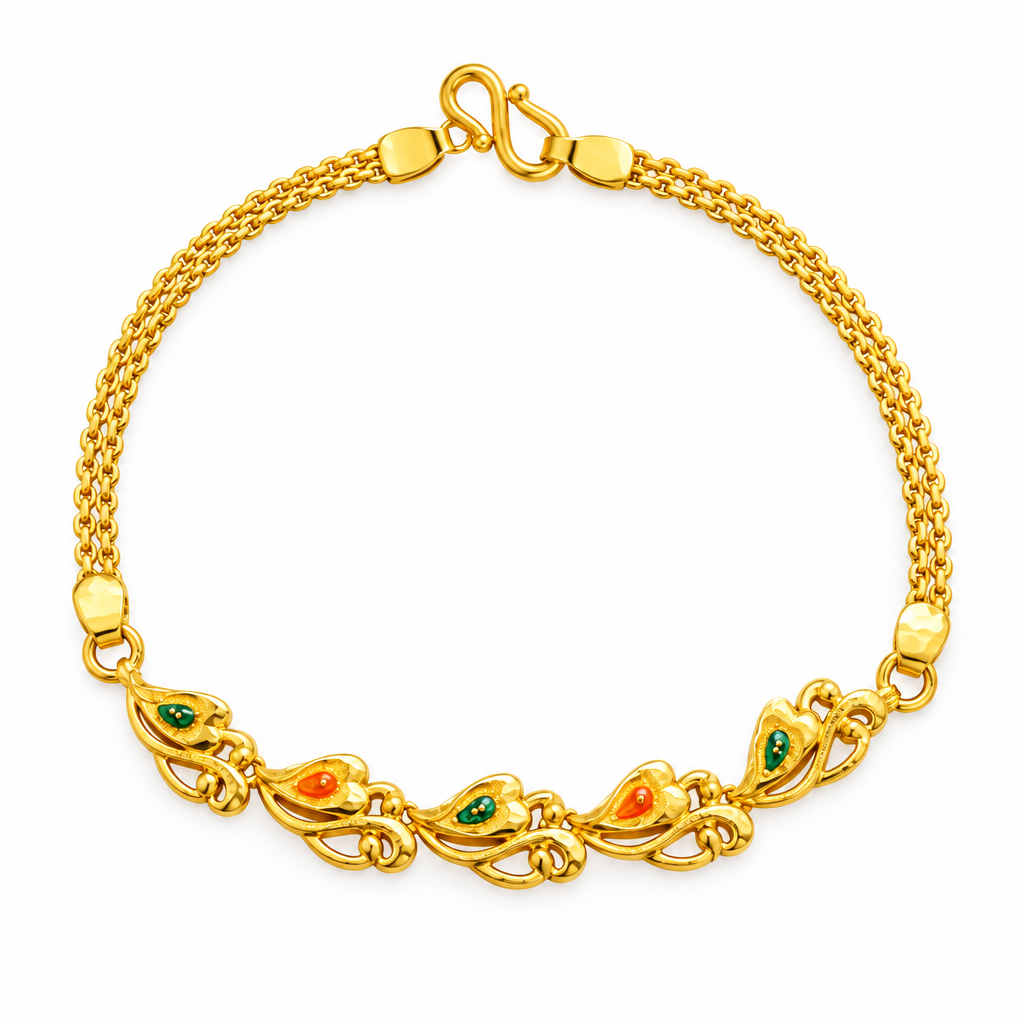 92.5 Silver Gold Plated Enamel Leaf Motif Bracelet for Women
