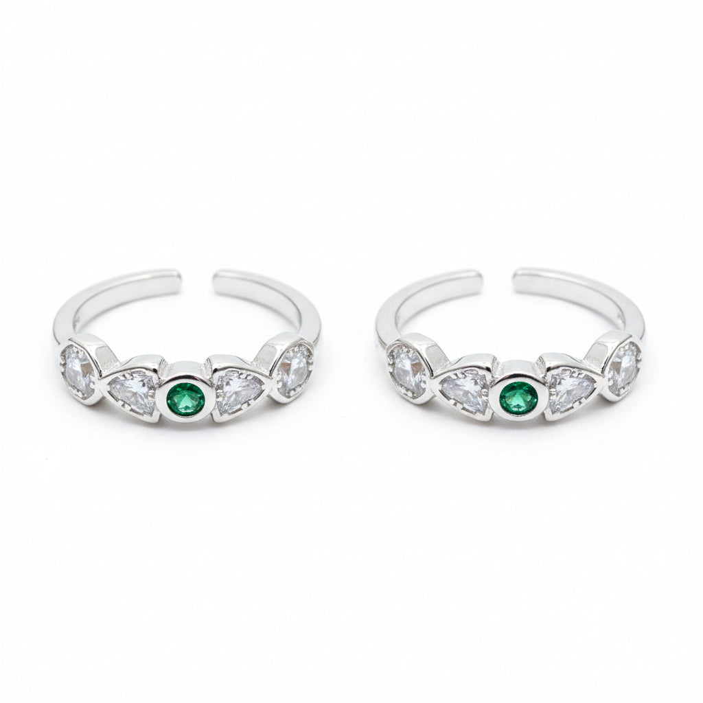 92.5 Sterling Silver Emerald Green & White CZ Five Stone Open Toe Rings for Women — Pair