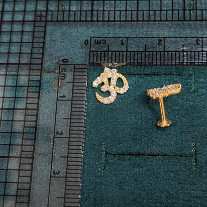 Gold Plated 92.5 Sterling Silver Pavé CZ Om Symbol Stud Earrings for Women | Sacred Om ॐ CZ Stud Earrings