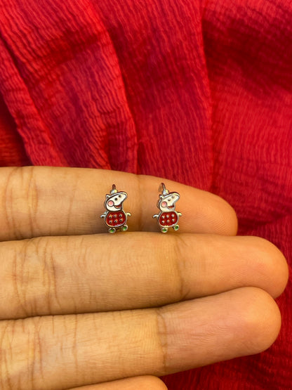 92.5 Silver Peppa Pig Kids Earrings | Cute Cartoon Design | Baby Jewellery