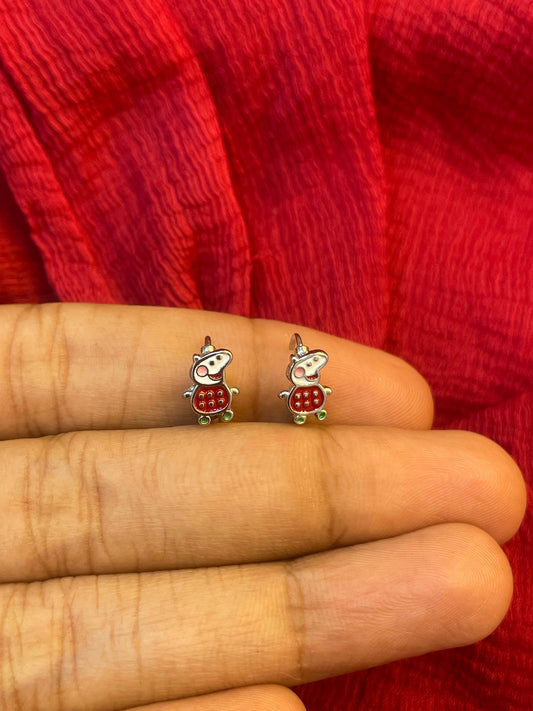 92.5 Silver Peppa Pig Kids Earrings | Cute Cartoon Design | Baby Jewellery