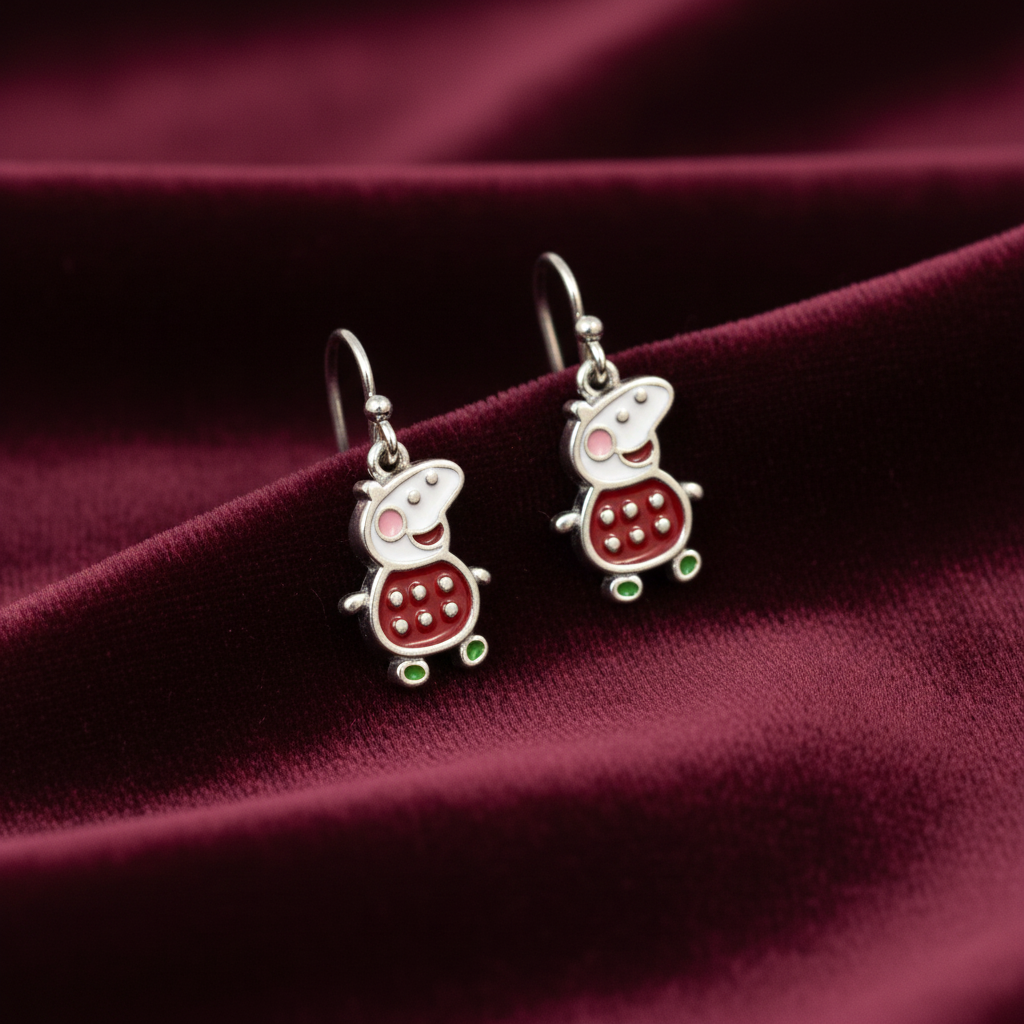 92.5 Silver Peppa Pig Kids Earrings | Cute Cartoon Design | Baby Jewellery