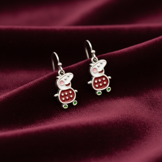 92.5 Silver Peppa Pig Kids Earrings | Cute Cartoon Design | Baby Jewellery