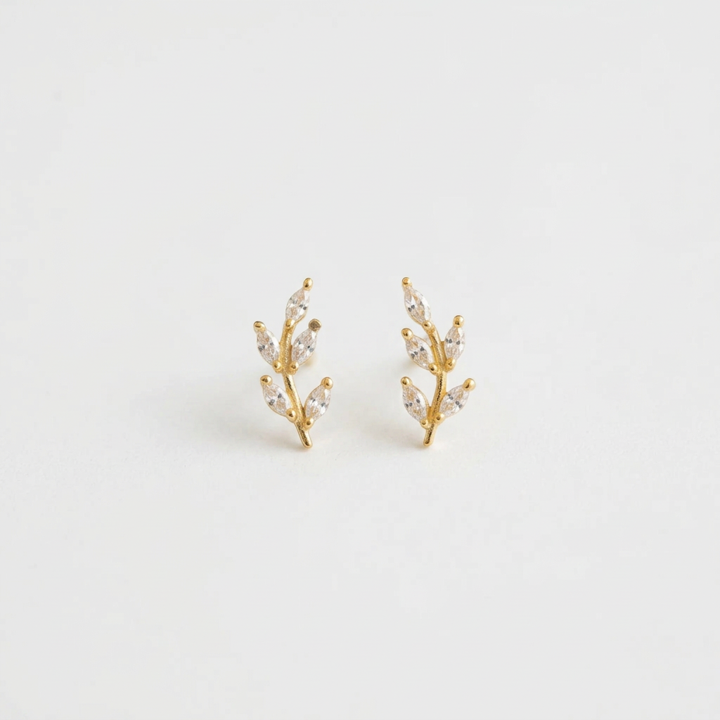 92.5 Silver Gold Plated White CZ Leaf Stud Earrings for Women