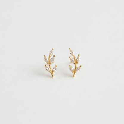 92.5 Silver Gold Plated White CZ Leaf Stud Earrings for Women