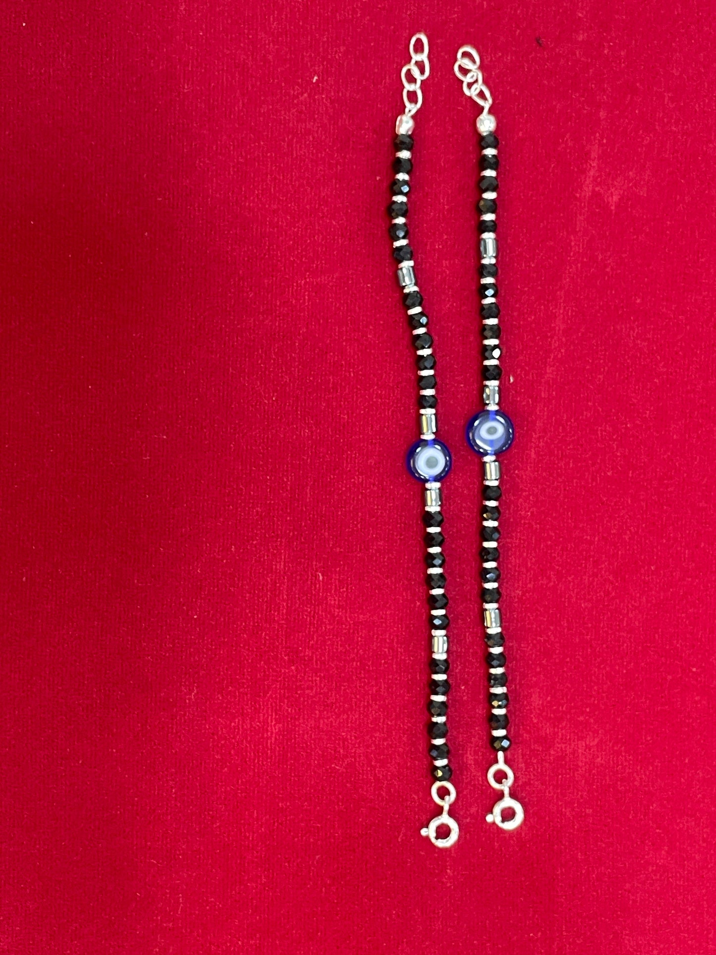 Silver Nazariya Black Bead Bracelet for Kids | Set of 2 with Blue Evil Eye Charm