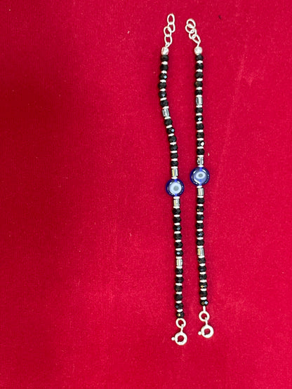 Silver Nazariya Black Bead Bracelet for Kids | Set of 2 with Blue Evil Eye Charm