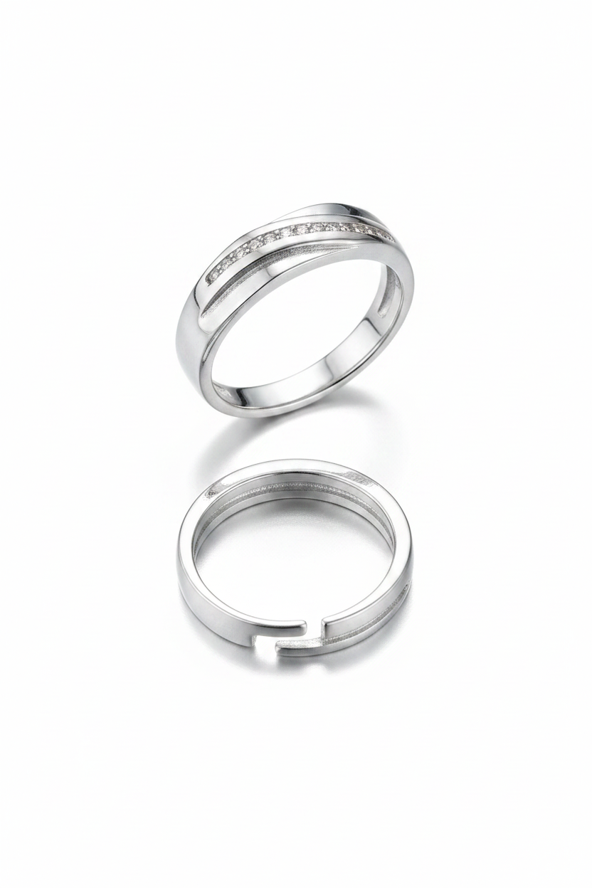 92.5 Silver Diagonal Stone Band Couple Rings | Adjustable Classic Design