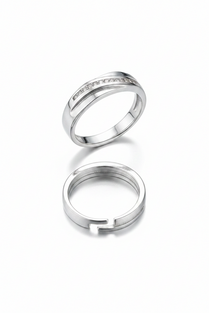 92.5 Silver Diagonal Stone Band Couple Rings | Adjustable Classic Design