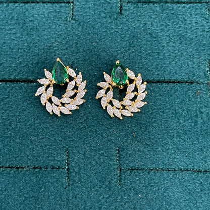 92.5 Sterling Silver Gold Plated Emerald Green Teardrop & Marquise CZ Wreath Stud Earrings for Women