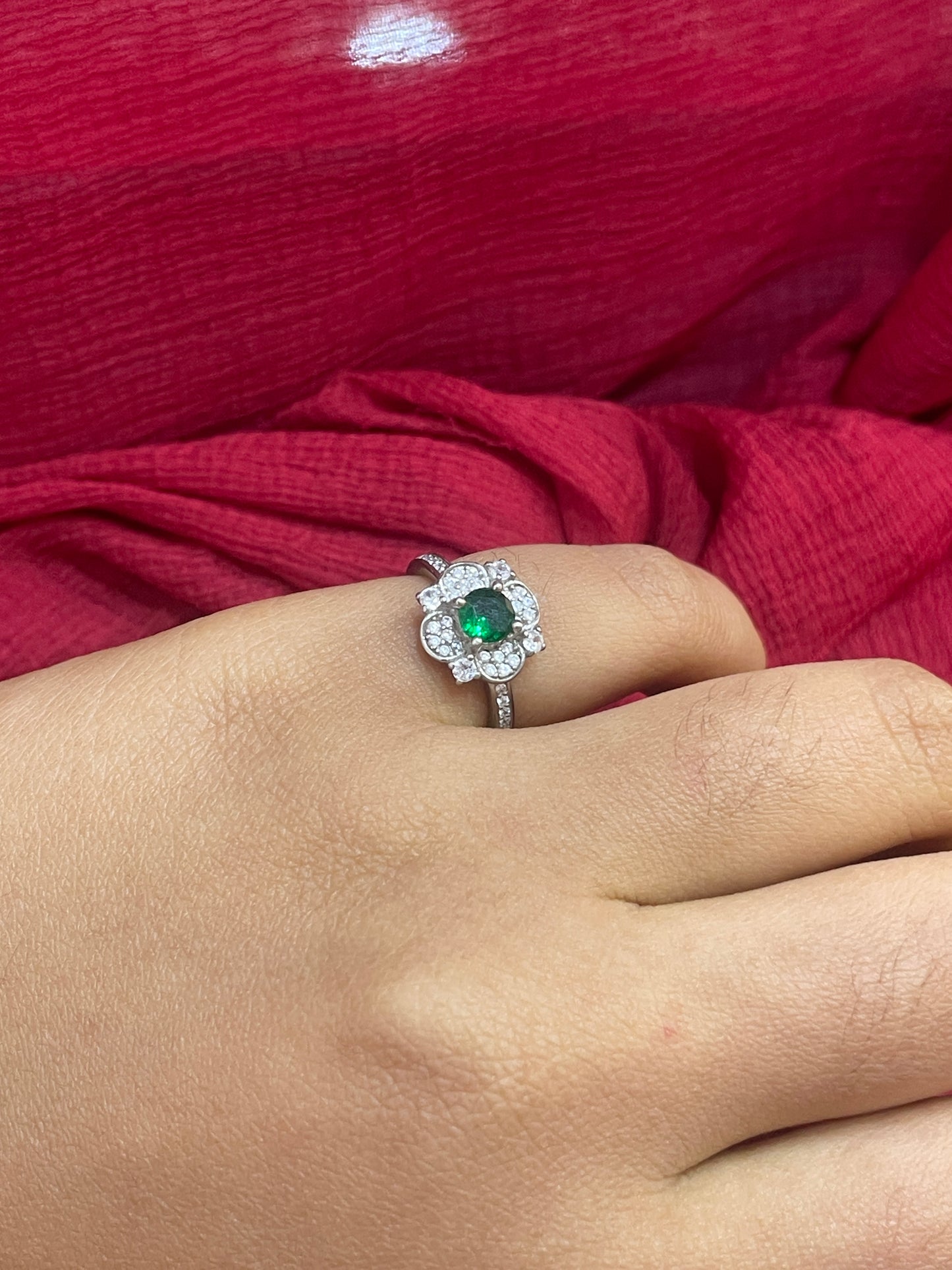 92.5 Silver Green Stone Flower Ring for Women Size 9 | Stylish Floral Design | Elegant Statement Jewellery