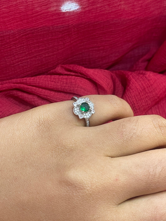 92.5 Silver Green Stone Flower Ring for Women Size 9 | Stylish Floral Design | Elegant Statement Jewellery