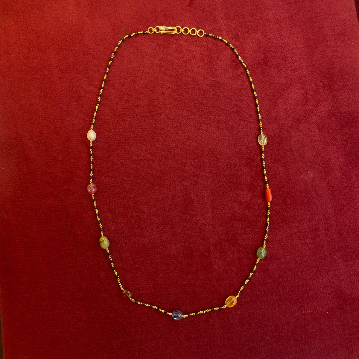 92.5 Silver Navarathna Black Bead Chain for Women