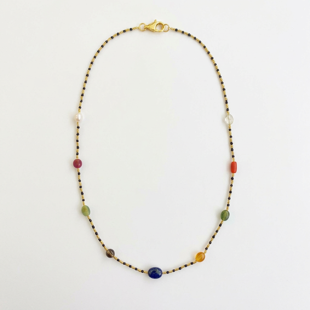 92.5 Silver Navarathna Black Bead Chain for Women