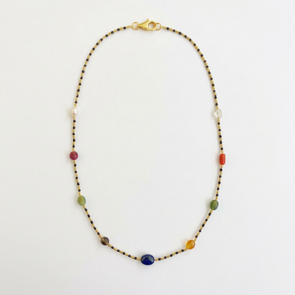92.5 Silver Navarathna Black Bead Chain for Women
