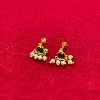 Gold Plated 92.5 Sterling Silver Emerald Green CZ & Pearl Cluster Stud Earrings for Women | Temple-Inspired Emerald Pearl Fan Drop Studs pair