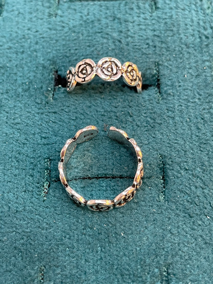 92.5 Silver Floral Adjustable Toe Rings for Women | Rose Pattern Design